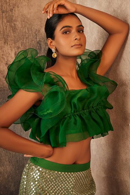 Shop Evra By Nikita Green Organza, Georgette Sequins Square Neck Ruffled Top And Pant Set Online at Aza Fashions Shop_Evra By Nikita_Green Organza, Georgette Sequins Square Neck Ruffled Top And Pant Set _Online_at_Aza_Fashions