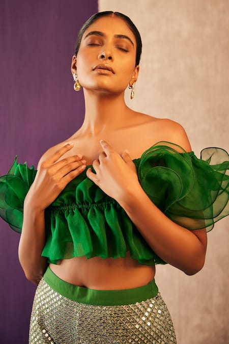 Evra By Nikita Green Organza, Georgette Sequins Square Neck Ruffled Top And Pant Set at Aza Fashions Evra By Nikita_Green Organza, Georgette Sequins Square Neck Ruffled Top And Pant Set _at_Aza_Fashions