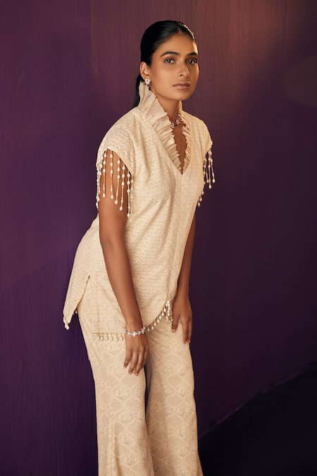Buy_Evra By Nikita_Beige Georgette Tassels, Embroidery Collared Thread Tunic And Pant Set _Online_at_Aza_Fashions