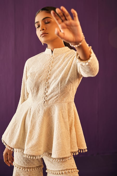 Buy_Evra By Nikita_Ivory Georgette Embroidery, Tassels Mandarin Thread Peplum And Gharara Pant Set _Online_at_Aza_Fashions
