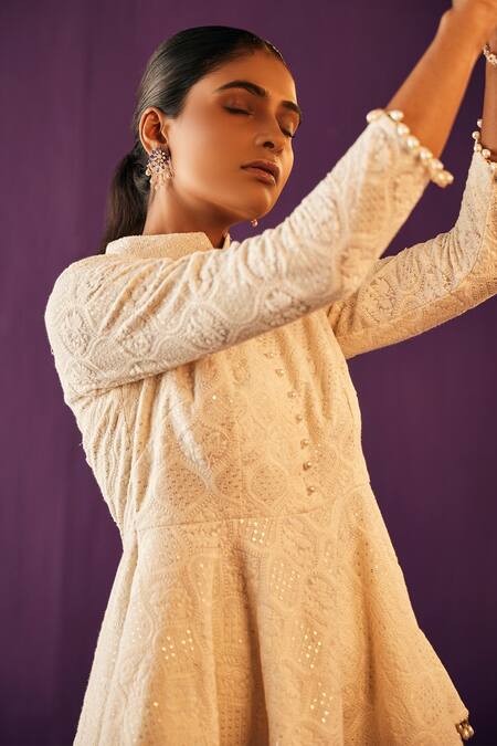 Shop_Evra By Nikita_Ivory Georgette Embroidery, Tassels Mandarin Thread Peplum And Gharara Pant Set _Online_at_Aza_Fashions