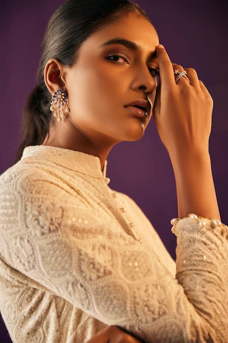 Evra By Nikita_Ivory Georgette Embroidery, Tassels Mandarin Thread Peplum And Gharara Pant Set _at_Aza_Fashions