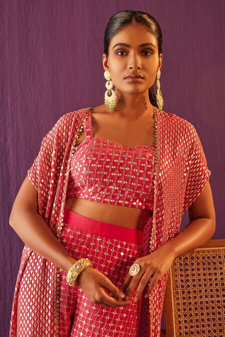 Shop Evra By Nikita Pink Georgette Embroidery, Zari Sweetheart Neck Cape Gharara Pant Set Online at Aza Fashions Shop_Evra By Nikita_Pink Georgette Embroidery, Zari Sweetheart Neck Cape Gharara Pant Set_Online_at_Aza_Fashions