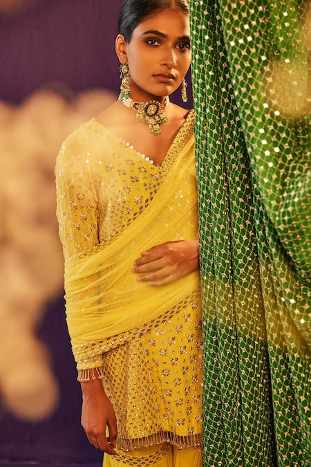 Evra By Nikita_Yellow Georgette Embroidered Zari U Neck Kurta Sharara Set _Online_at_Aza_Fashions