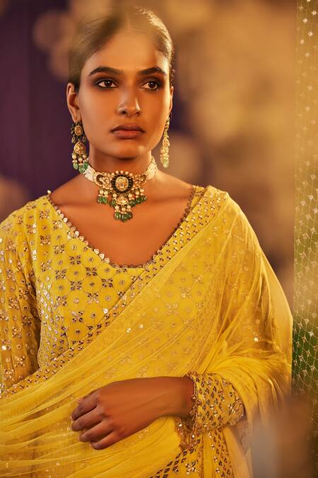 Buy_Evra By Nikita_Yellow Georgette Embroidered Zari U Neck Kurta Sharara Set _Online_at_Aza_Fashions
