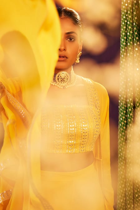 Evra By Nikita_Yellow Georgette Gota Patti Square Embroidered Border Jacket Gharara Pant Set _Online_at_Aza_Fashions