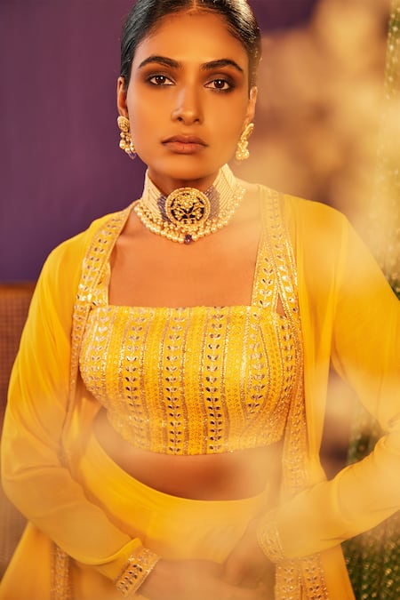 Buy_Evra By Nikita_Yellow Georgette Gota Patti Square Embroidered Border Jacket Gharara Pant Set _Online_at_Aza_Fashions