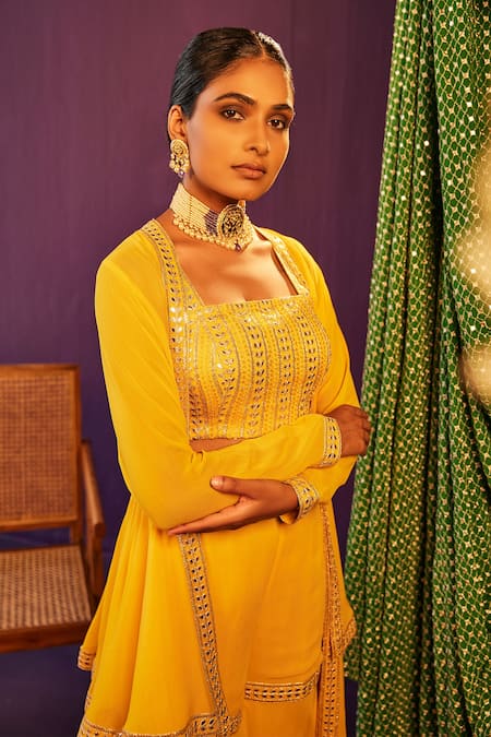 Shop_Evra By Nikita_Yellow Georgette Gota Patti Square Embroidered Border Jacket Gharara Pant Set _Online_at_Aza_Fashions