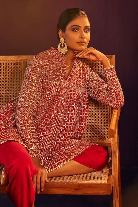 Buy_Evra By Nikita_Red Georgette, Satin Embroidery Mandarin Zari Flared Kurta And Tulip Pant Set _Online_at_Aza_Fashions