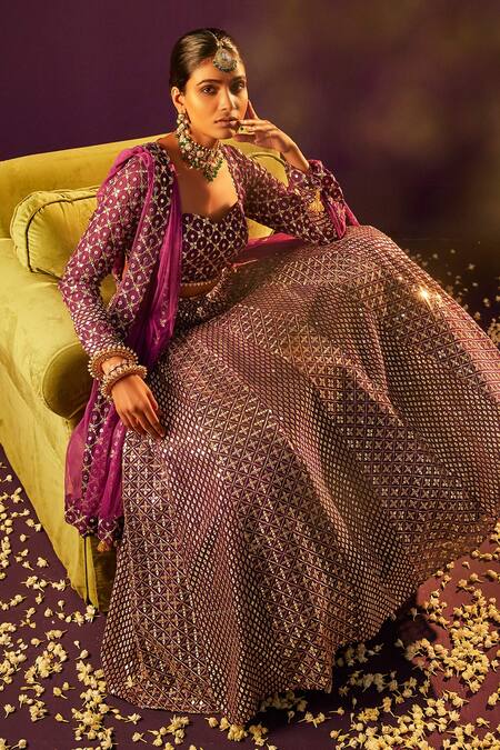 Buy Evra By Nikita Purple Georgette Zari Sweetheart Neck Embroidered Lehenga Set Online at Aza Fashions Buy_Evra By Nikita_Purple Georgette Zari Sweetheart Neck Embroidered Lehenga Set _Online_at_Aza_Fashions