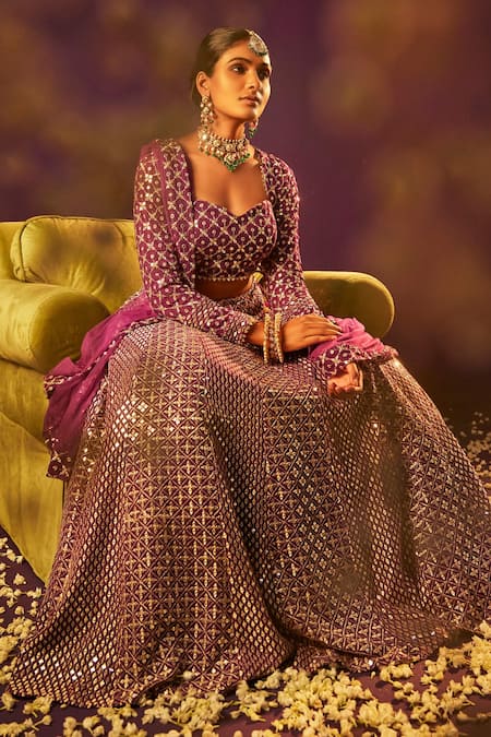 Shop Evra By Nikita Purple Georgette Zari Sweetheart Neck Embroidered Lehenga Set Online at Aza Fashions Shop_Evra By Nikita_Purple Georgette Zari Sweetheart Neck Embroidered Lehenga Set _Online_at_Aza_Fashions