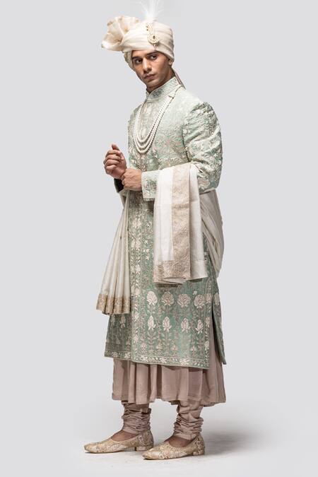 Asuka_Green Silk Diamonds, Embroidery Raw Sherwani Set _at_Aza_Fashions