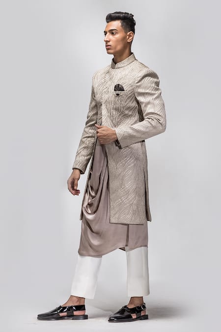 Shop_Asuka_Grey Wool, Satin Embroidery, Beads, Diamonds, Sequins Front Slit Achkan Set _Online_at_Aza_Fashions