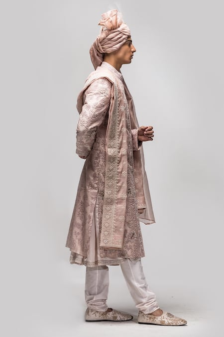 Shop_Asuka_Pink Silk Diamonds, Embroidery, Cut Work Dori Raw Sherwani Set _Online_at_Aza_Fashions