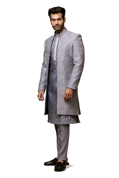Buy Asuka Gray Chanderi Silk Embroidery Grey Sherwani Set Online at Aza Fashions Buy_Asuka_Gray Chanderi Silk Embroidery Grey Sherwani Set _Online_at_Aza_Fashions