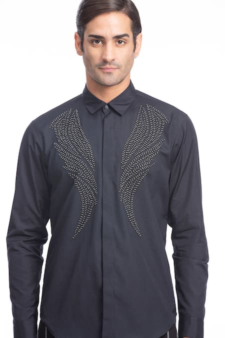 Rohit Gandhi + Rahul Khanna_Black Cotton Embroidery Applique Shirt _at_Aza_Fashions