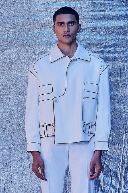 Line Out Line_Off White Cotton Embroidered Patch Work And Piping Asymmetric Bomber Jacket_Online_at_Aza_Fashions