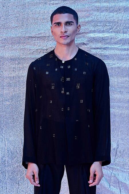 Buy_Line Out Line_Black Cotton Embroidery Scattered Sheer Shirt_Online_at_Aza_Fashions