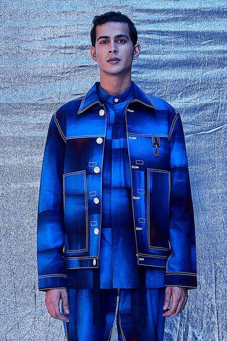 Line Out Line_Blue Cotton Printed And Embroidered Haze & Thread Stitch Work Bomber Jacket_Online_at_Aza_Fashions