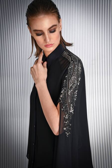 Rohit Gandhi + Rahul Khanna Black Polyester Sequins Collared Cape Sleeve Top at Aza Fashions Rohit Gandhi + Rahul Khanna_Black Polyester Sequins Collared Cape Sleeve Top _at_Aza_Fashions