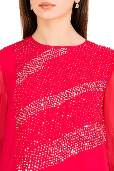 Rohit Gandhi + Rahul Khanna_Fuchsia Viscose Georgette Embroidery Sequin Round Asymmetric Ombre Top _at_Aza_Fashions