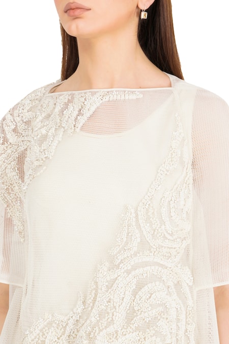 Rohit Gandhi + Rahul Khanna_Off White Microfiber Beads Round Neck Mesh Embroidered Top _at_Aza_Fashions