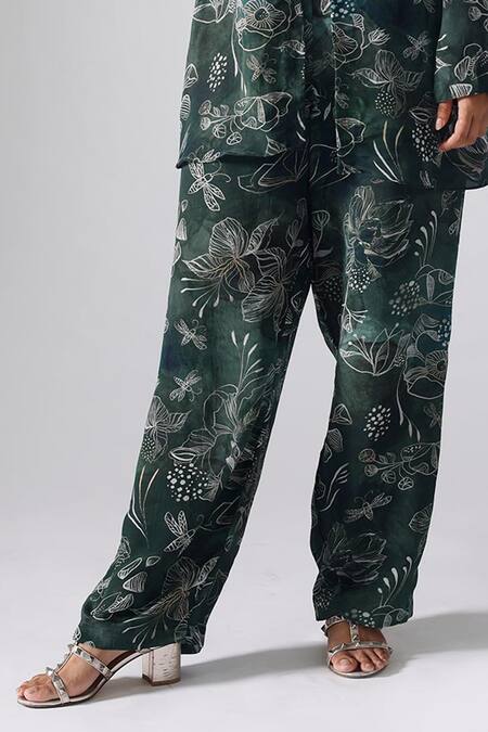 Buy_Klad_Green Crepe Printed Floral Jacket Open Pant Set_Online_at_Aza_Fashions
