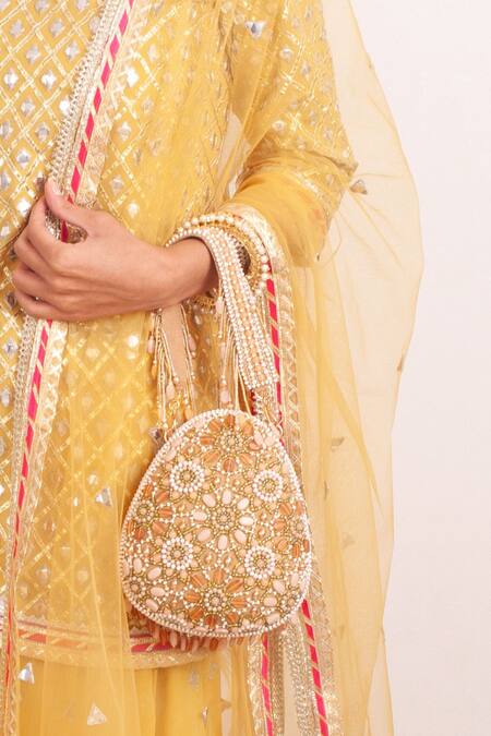Forever Noor_Yellow Embroidery Tahira Pear Shaped Bag _Online_at_Aza_Fashions