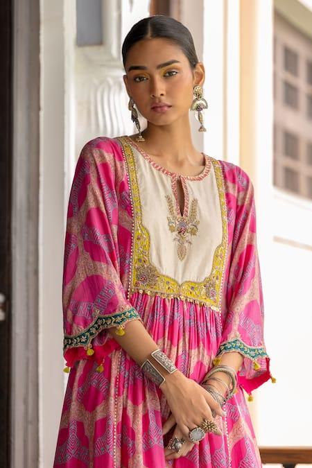 Rajiramniq_Fuchsia Dupatta Tissue Silk, Kurta Silk, Palazzo Modal Satin Gathered Set _Online_at_Aza_Fashions