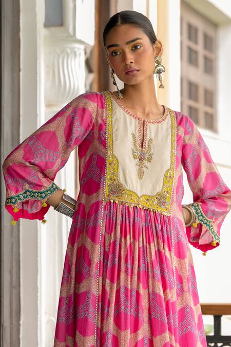 Buy_Rajiramniq_Fuchsia Dupatta Tissue Silk, Kurta Silk, Palazzo Modal Satin Gathered Set _Online_at_Aza_Fashions