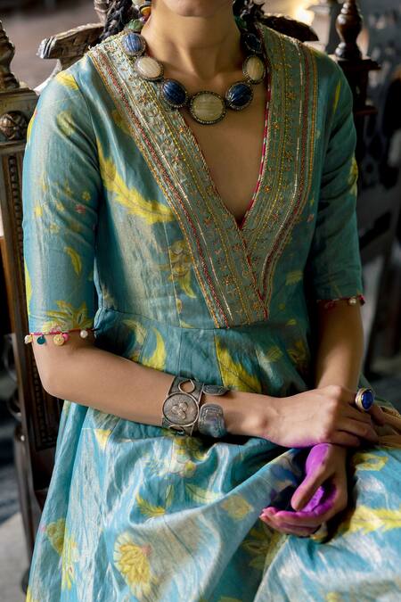 Rajiramniq_Blue Anarkali Silk, Dupatta Floral Print, Bead With Embroidered_Online_at_Aza_Fashions