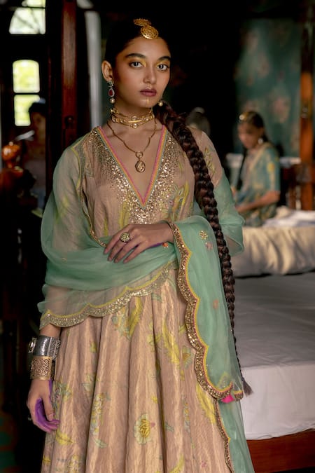 Rajiramniq_Pink Anarkali Tissue Silk, Dupatta Organza Floral Print, Sequin And Bead With _Online_at_Aza_Fashions