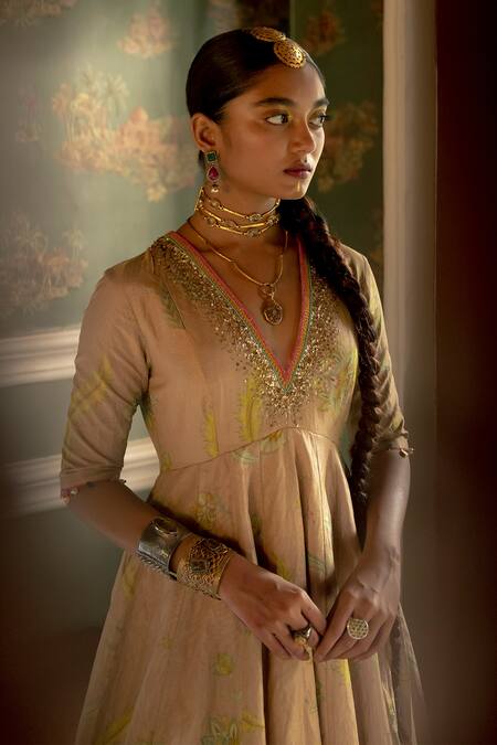 Buy_Rajiramniq_Pink Anarkali Tissue Silk, Dupatta Organza Floral Print, Sequin And Bead With _Online_at_Aza_Fashions