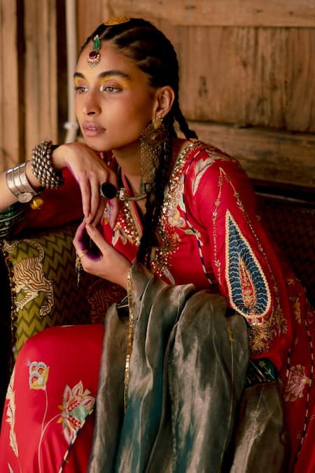 Shop_Rajiramniq_Red Dupatta Tissue, Kurta Silk, Palazzo Modal Floral Print, Panelled Set _Online_at_Aza_Fashions