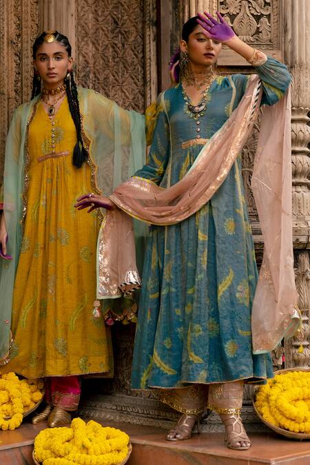 Rajiramniq_Blue Anarkali Chanderi Tissue, Dupatta Organza, Palazzo Modal Floral Set _Online_at_Aza_Fashions