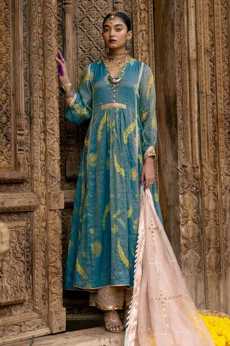 Shop_Rajiramniq_Blue Anarkali Chanderi Tissue, Dupatta Organza, Palazzo Modal Floral Set _Online_at_Aza_Fashions