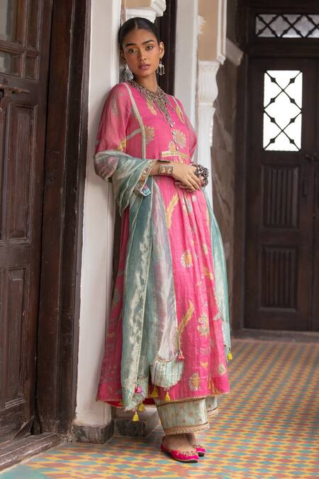 Rajiramniq Pink Anarkali Chanderi Tissue Printed And Embroidered Floral Gathered Set Online at Aza Fashions Rajiramniq_Pink Anarkali Chanderi Tissue Printed And Embroidered Floral Gathered Set _Online_at_Aza_Fashions