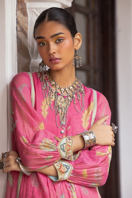 Shop Rajiramniq Pink Anarkali Chanderi Tissue Printed And Embroidered Floral Gathered Set Online at Aza Fashions Shop_Rajiramniq_Pink Anarkali Chanderi Tissue Printed And Embroidered Floral Gathered Set _Online_at_Aza_Fashions