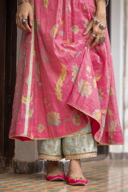 Rajiramniq Pink Anarkali Chanderi Tissue Printed And Embroidered Floral Gathered Set at Aza Fashions Rajiramniq_Pink Anarkali Chanderi Tissue Printed And Embroidered Floral Gathered Set _at_Aza_Fashions