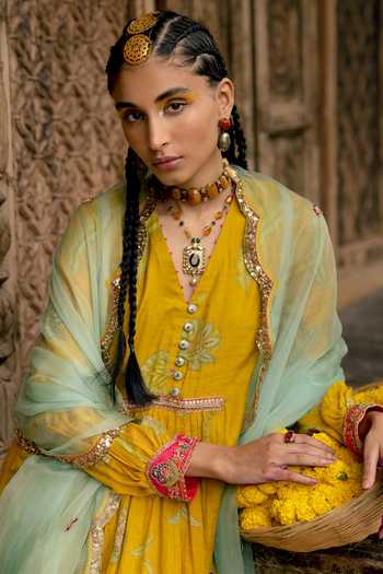 Rajiramniq_Yellow Anarkali Chanderi Tissue, Dupatta Organza, Salwar Silk Gathered Set _Online_at_Aza_Fashions