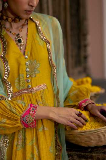 Shop_Rajiramniq_Yellow Anarkali Chanderi Tissue, Dupatta Organza, Salwar Silk Gathered Set _Online_at_Aza_Fashions
