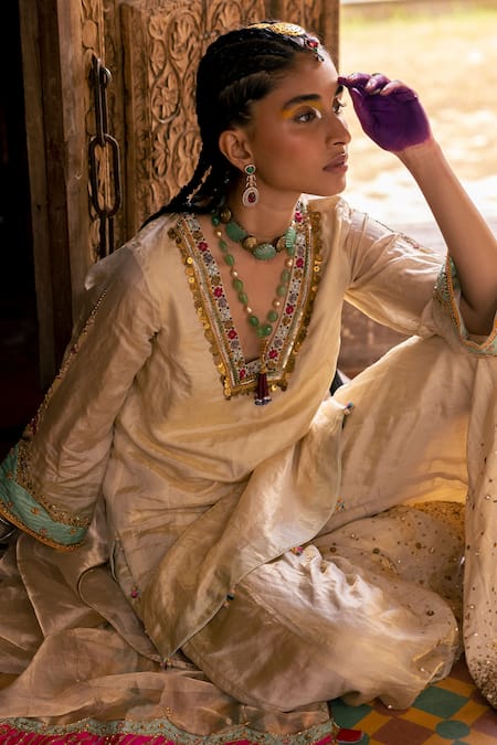 Rajiramniq_Gold , Silk Sequin And Bead Work, Zari Embroidered Kurta Sharara Set _Online_at_Aza_Fashions