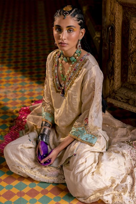 Buy_Rajiramniq_Gold , Silk Sequin And Bead Work, Zari Embroidered Kurta Sharara Set _Online_at_Aza_Fashions