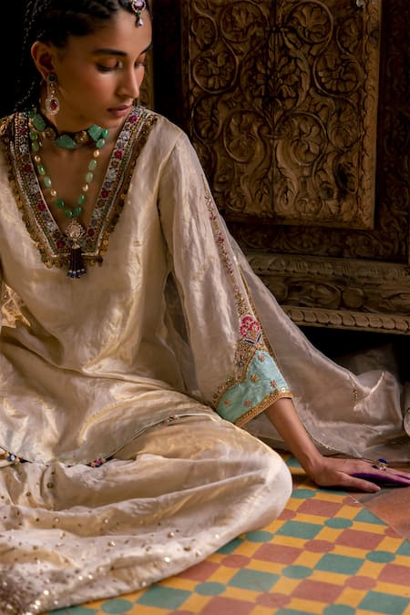 Shop_Rajiramniq_Gold , Silk Sequin And Bead Work, Zari Embroidered Kurta Sharara Set _Online_at_Aza_Fashions