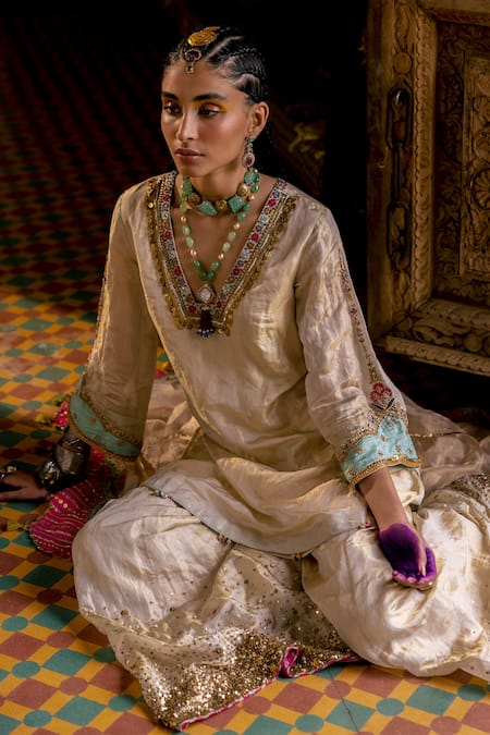 Rajiramniq_Gold , Silk Sequin And Bead Work, Zari Embroidered Kurta Sharara Set _at_Aza_Fashions