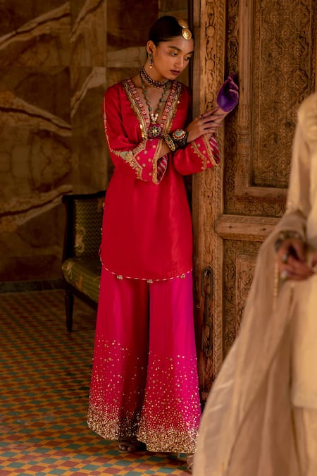 Rajiramniq_Red Silk, Organza Gota Patti, Sequins, Coins V Fariba Embellished Sharara Set _Online_at_Aza_Fashions