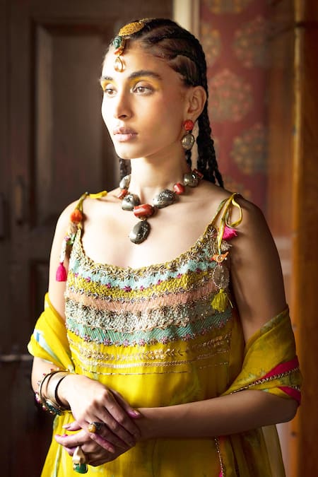 Shop Rajiramniq Yellow Organza, Crepe Floral, Sequins Scoop Fariba Hand Embroidered Kurta Set Online at Aza Fashions Shop_Rajiramniq_Yellow Organza, Crepe Floral, Sequins Scoop Fariba Hand Embroidered Kurta Set _Online_at_Aza_Fashions