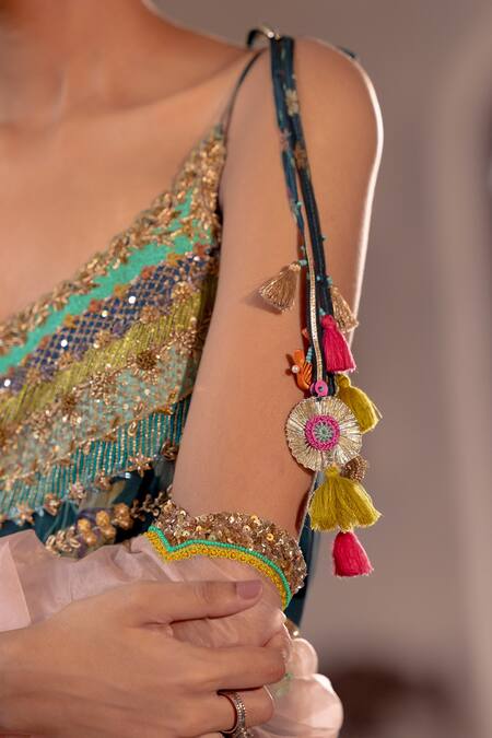 Rajiramniq Blue Organza Print Sequins Square Neck Fariba Embellished Kurta Set at Aza Fashions Rajiramniq_Blue Organza Print Sequins Square Neck Fariba Embellished Kurta Set _at_Aza_Fashions