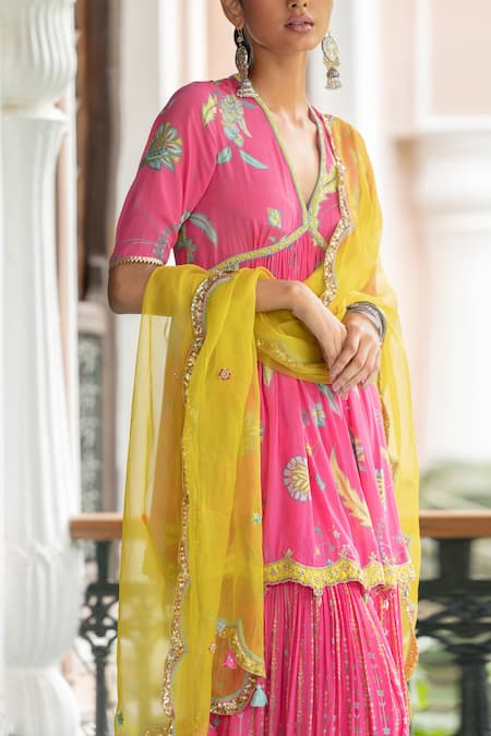 Rajiramniq_Yellow Organza, Crepe Floral, Tassel V Neck Fariba Bloom Print Kurta Set _Online_at_Aza_Fashions