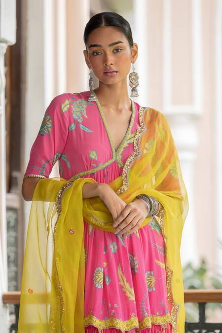 Buy_Rajiramniq_Yellow Organza, Crepe Floral, Tassel V Neck Fariba Bloom Print Kurta Set _Online_at_Aza_Fashions